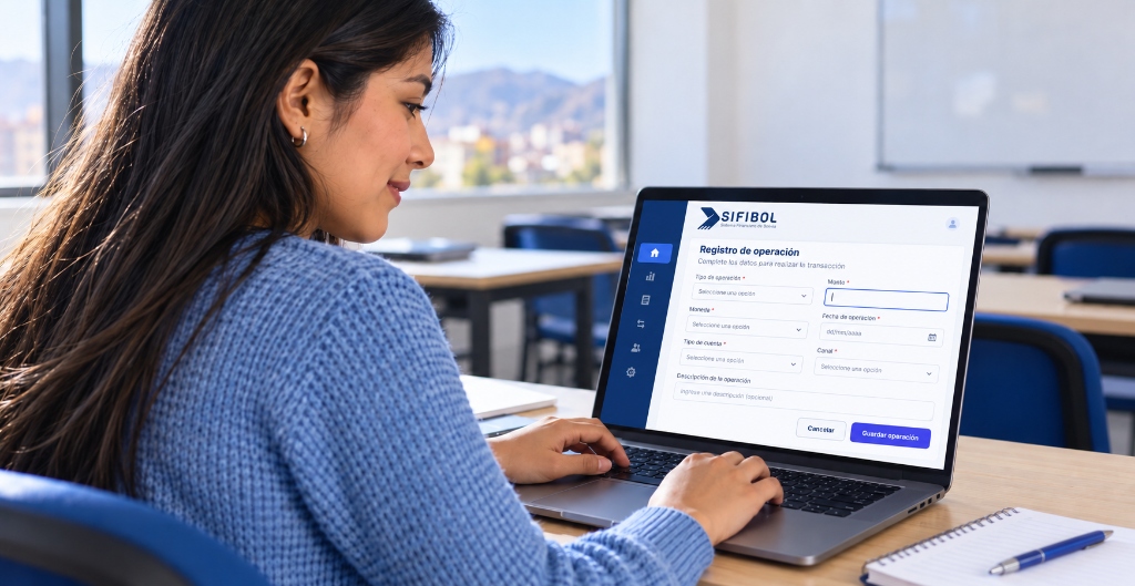 Estudiante operando el Registro de Transacciones SIFIBOL en laptop